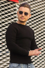 Pulover Texturat cu model pe maneci 6397 Negru