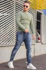 Pulover Texturat cu model pe maneci 6397 Verde Menta