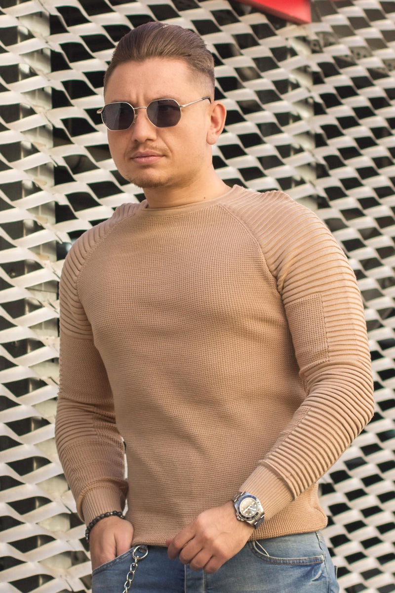 Pulover Texturat cu model pe maneci 6397 Camel-Crem