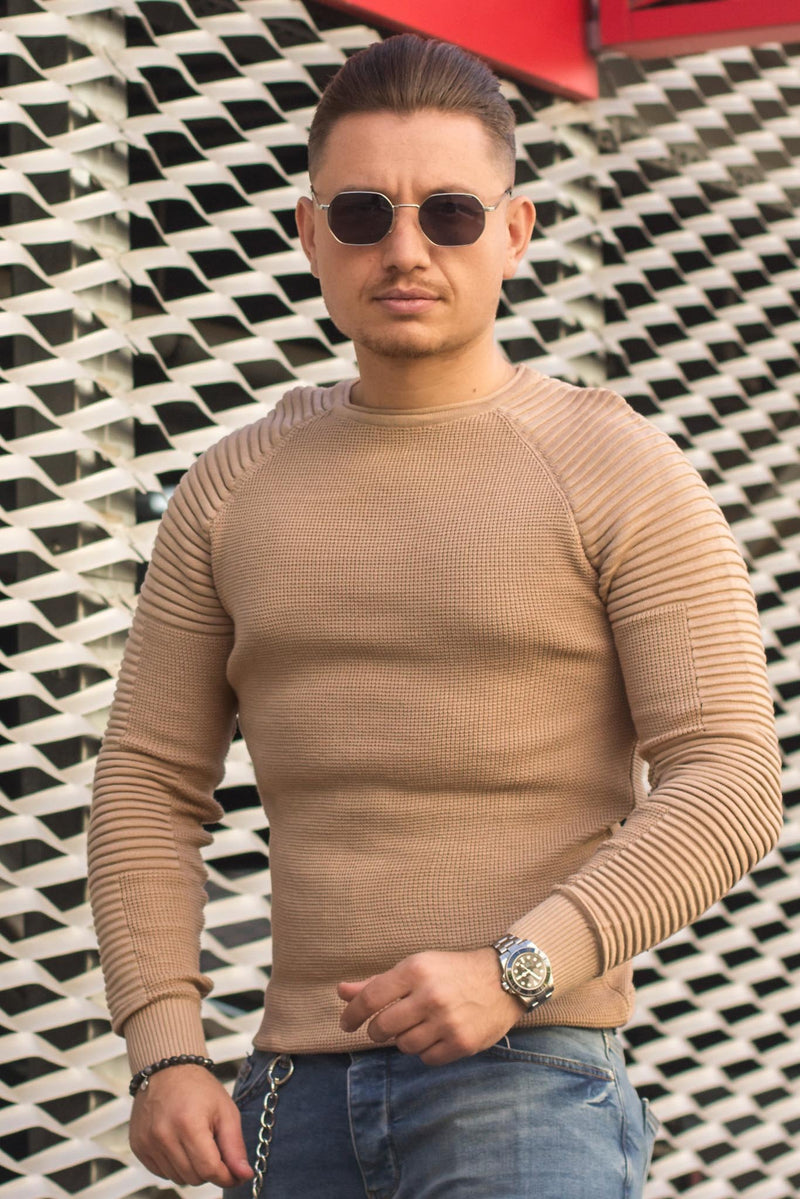 Pulover Texturat cu model pe maneci 6397 Camel-Crem