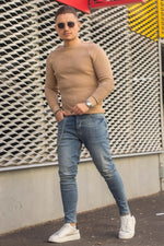 Pulover Texturat cu model pe maneci 6397 Camel-Crem